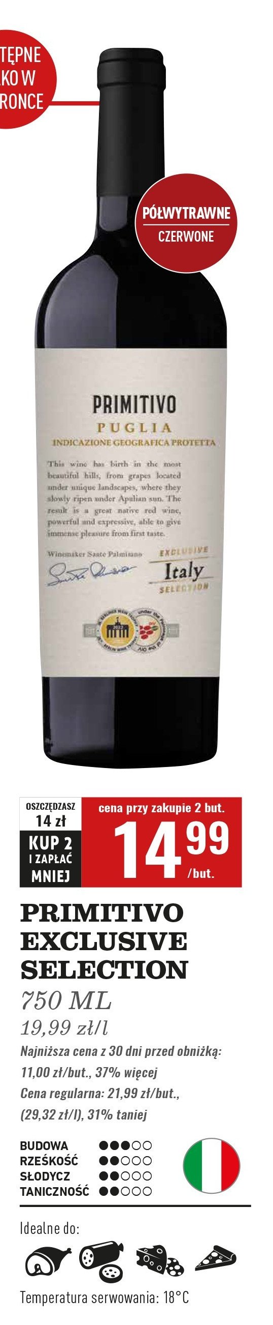 Wino ITALIA PRIMITIVO PUGLIA promocja w Biedronka