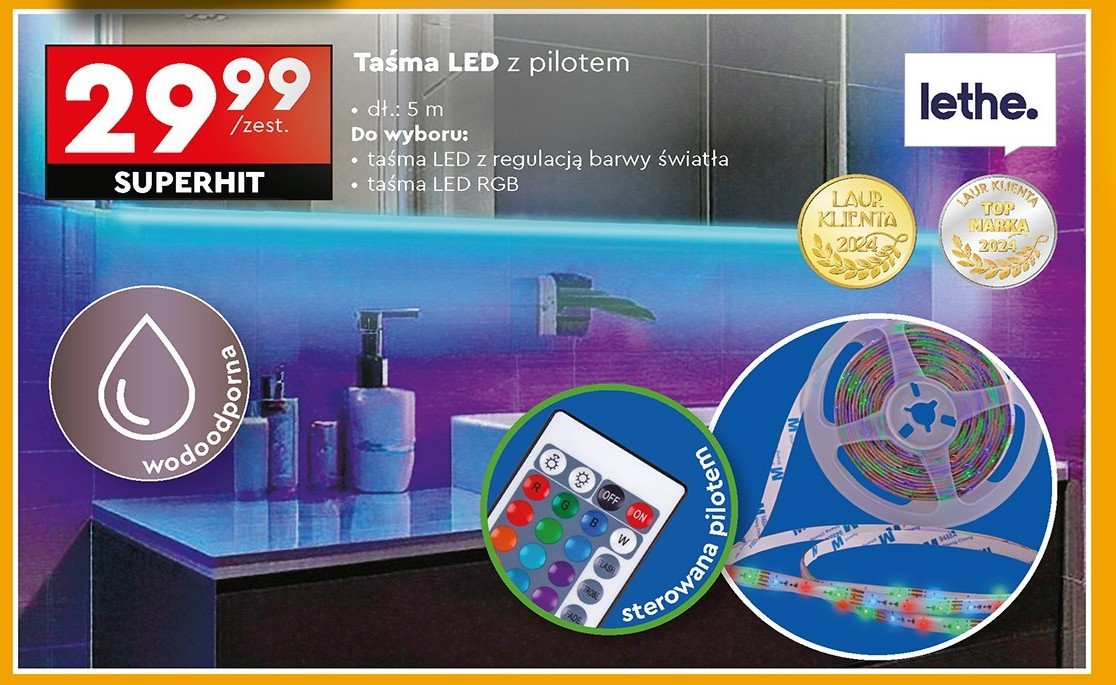 Taśma led zmieniająca kolory 5 m Lethe promocja w Biedronka