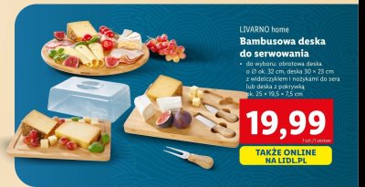 Deska bambusowa z widelczykiem i nożykami do sera 30 x 23 cm LIVARNO HOME promocja