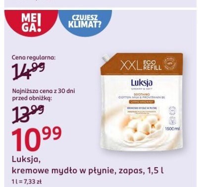 Kremowe mydło w płynie zapas Luksja 1.5 l promocja w Rossmann