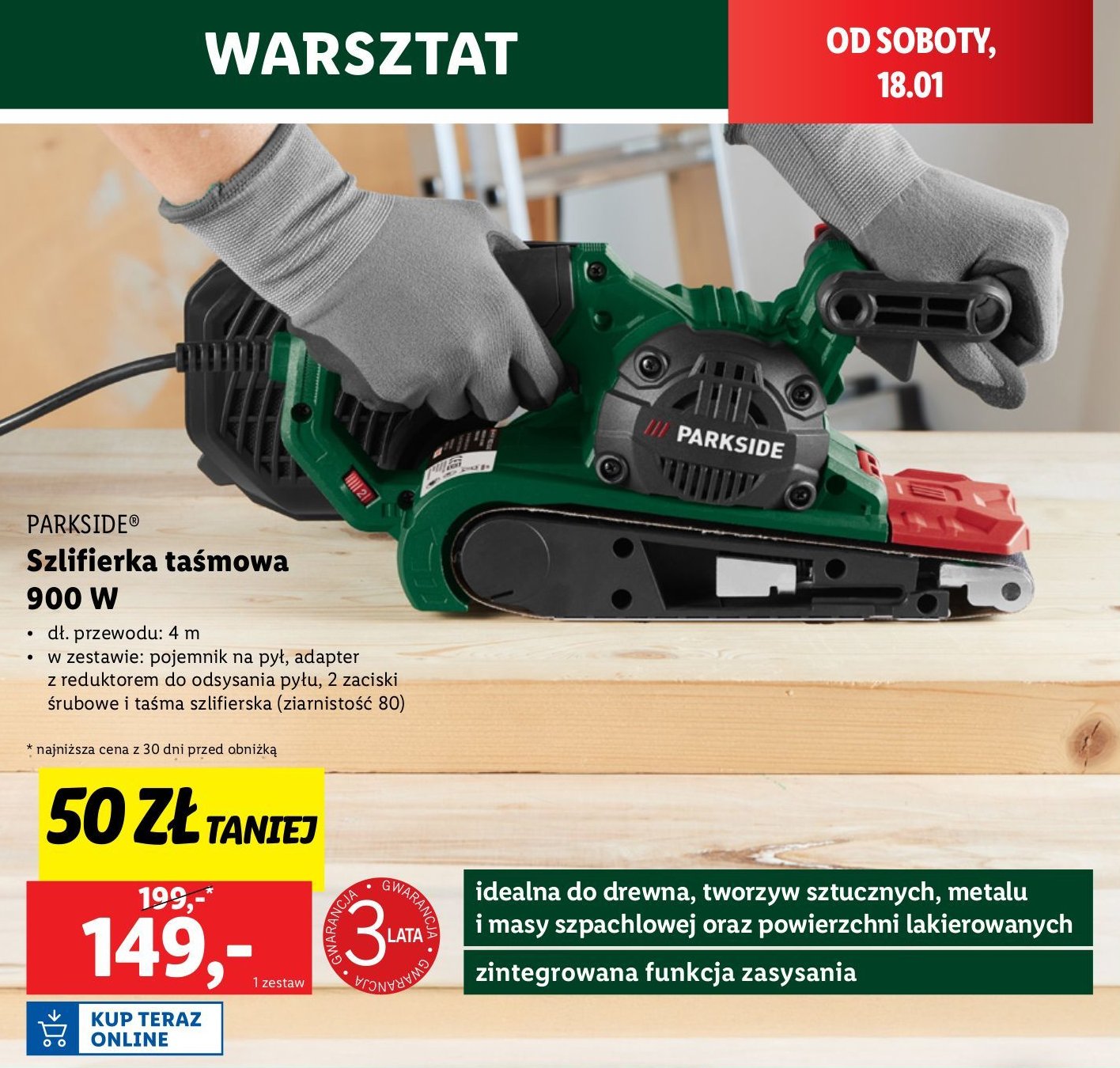 Szlifierka taśmowa Parkside 900W promocja w Lidl