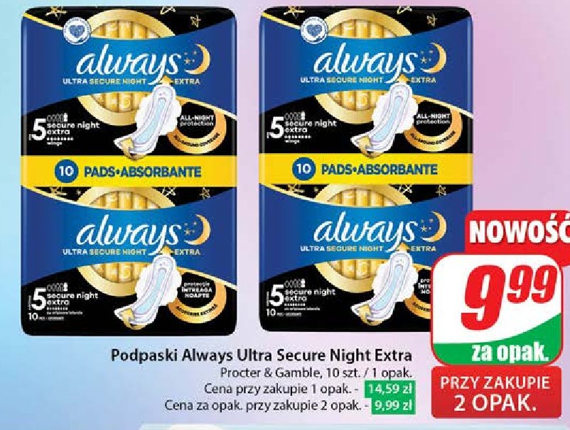 Podpaski secure night extra Always ultra promocja w Dino