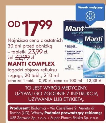 Łagodzi objawy reflusu i zgagi MANTI COMPLEX, 20 tabl., 210 ml promocja w Super-Pharm