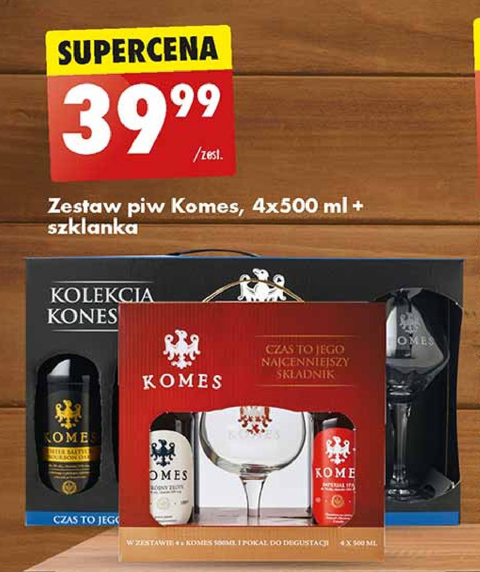 Piwo + kielich Komes potrójny złoty + komes podwójny ciemny + komes porter bałtycki + komes poczwórny bursztynowy promocja w Biedronka