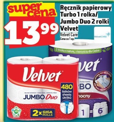 Ręcznik papierowy Turbo 1 rolka / Velvet Duo 2 rolki promocja w TOPAZ
