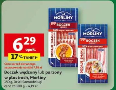 Boczek wędzony lub parzony w plastrach Morliny promocja w Auchan