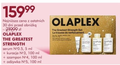 Zestaw kosmetyków OLAPLEX THE GREATEST STRENGTH serum N°0.5 5 ml + kuracja N°3 100 ml + szampon N°4 100 ml + odżywka N°5 100 ml promocja w Super-Pharm