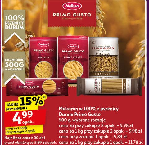 Makaron pełne ziarno penne ragiate Melissa primo gusto promocja w Auchan