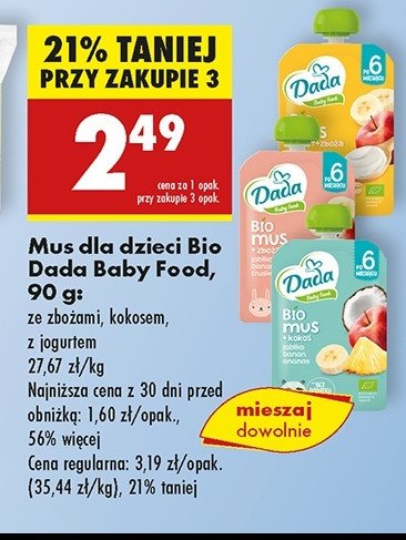 Bio mus + zboża jabłko banan truskawka promocja w Biedronka