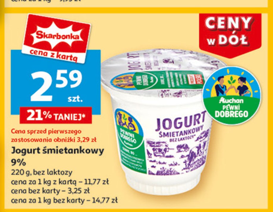 Jogurt śmietankowy bez laktozy Auchan pewni dobrego promocja w Auchan