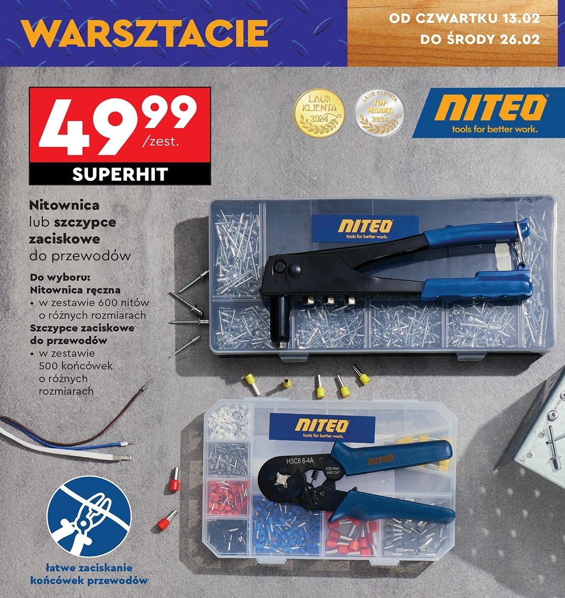 Nitownica ręczna z nitami 600 szt Niteo tools promocja w Biedronka