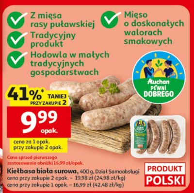 Kiełbasa biała surowa 400 g, Dział Samoobsługi promocja w Auchan