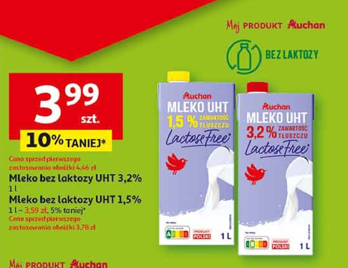 Mleko 3.2% bez laktozy Auchan różnorodne (logo czerwone) promocja