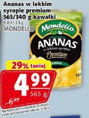 Ananas w lekkim syropie premium 565/340 g kawałki promocja w Prim Market