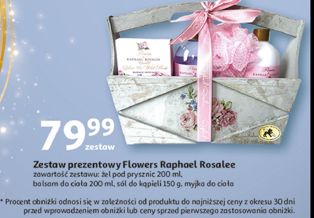 Zestaw w koszyku flowers: żel pod prysznic 200ml + balsam do ciała 200ml + sól do kąpieli 150g + myjka do ciała RAPHAEL ROSALEE COSMETICS ZESTAW promocja