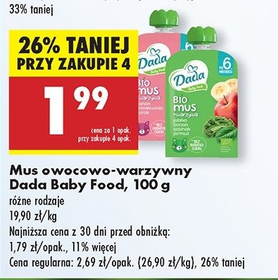Mus + warzywa jabłko-banan-szpinak-jarmuż Dada promocja w Intermarche