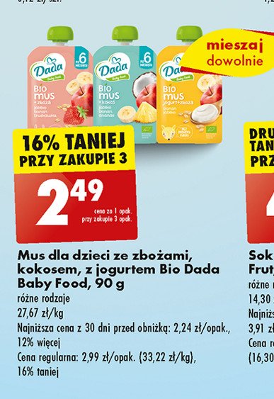 Mus jogurt + zboża jabłko-banan-truskawka Dada promocja
