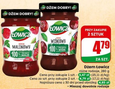 Dżem Łowicz różne rodzaje malinowy, wiśniowy promocja w Dino