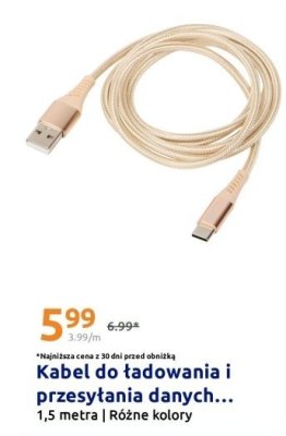 Kabel USB do ładowania i przesyłania danych 1,5 m, różne kolory promocja w Action