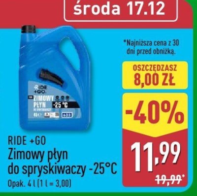 Zimowy płyn do spryskiwaczy RIDE+GO -25°C promocja w Aldi