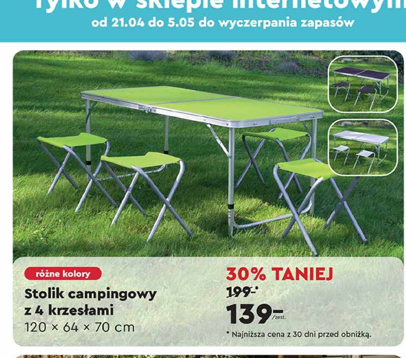 Stolik campingowy 120 x 64 x 70 cm + 4 krzesła promocja w Biedronka