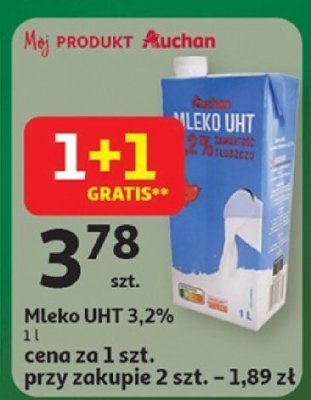 Mleko UHT 3,2% 1l 1+1 gratis Auchan promocja w Auchan