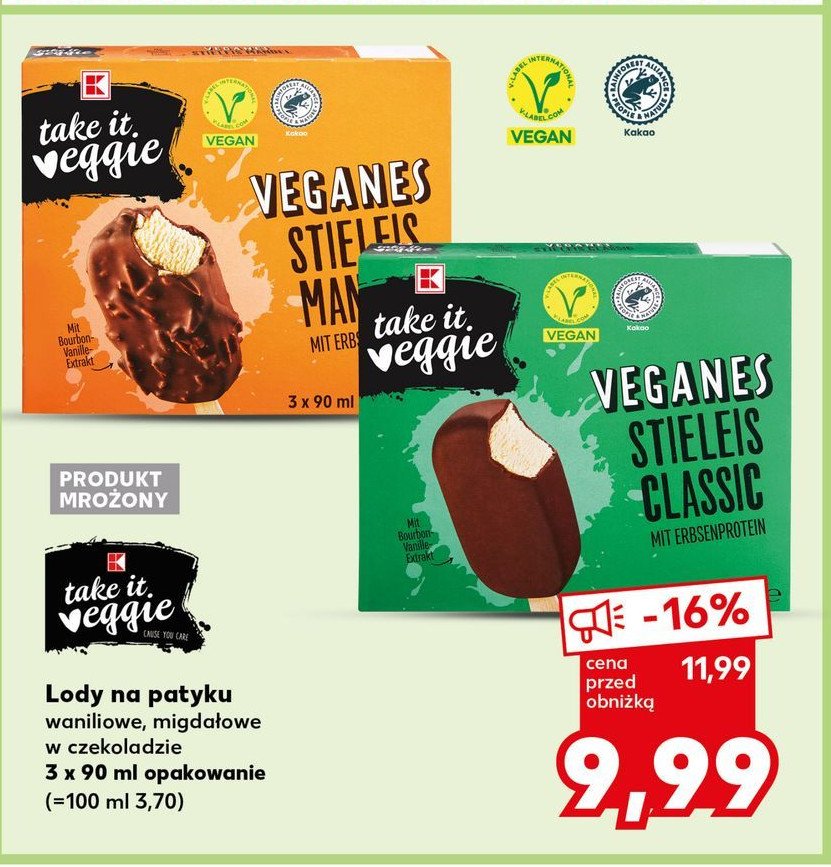 Lody na patyku waniliowe K-classic takie it veggie promocja w Kaufland