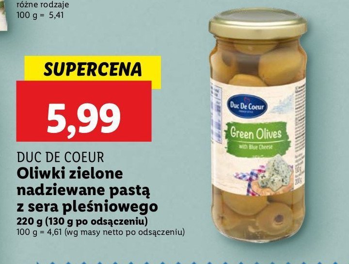Oliwki zielone nadziewane past膮 z serka ple艣niowego Duc de coeur promocja