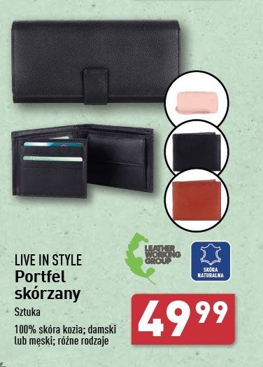 Portfel skórzany damski Live in style promocja w Aldi