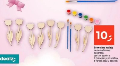 Drewniane kwiaty do samodzielnej dekoracji, zestaw zawiera: 6 drewnianych kwiatów, 6 farbek oraz 2 pędzełki promocja w Dealz