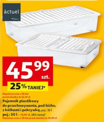 Pojemnik plastikowy do przechowywania, pod łóżko, z kółkami i pokrywką, poj.: 35 l promocja w Auchan