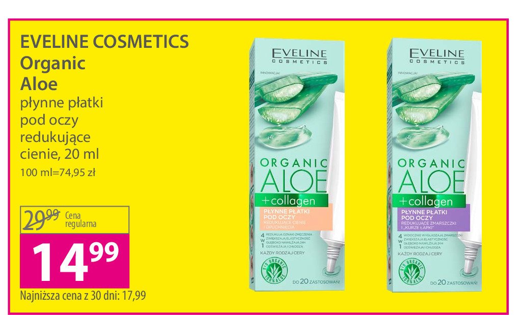 Płynne płatki pod oczy redukujące cienie i opuchnięcia Eveline organic aloe collagen promocja