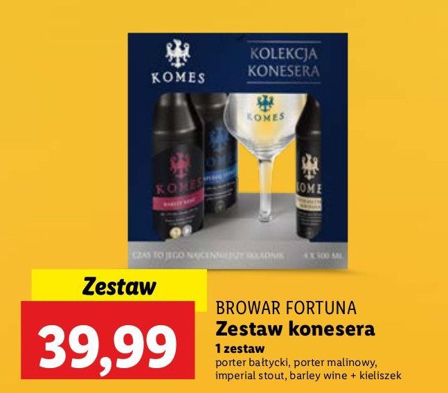 Zestaw piw: porter bałtycki + porter malinowy + imperial stout + barley wine + kieliszek Komes zestaw promocja w Lidl