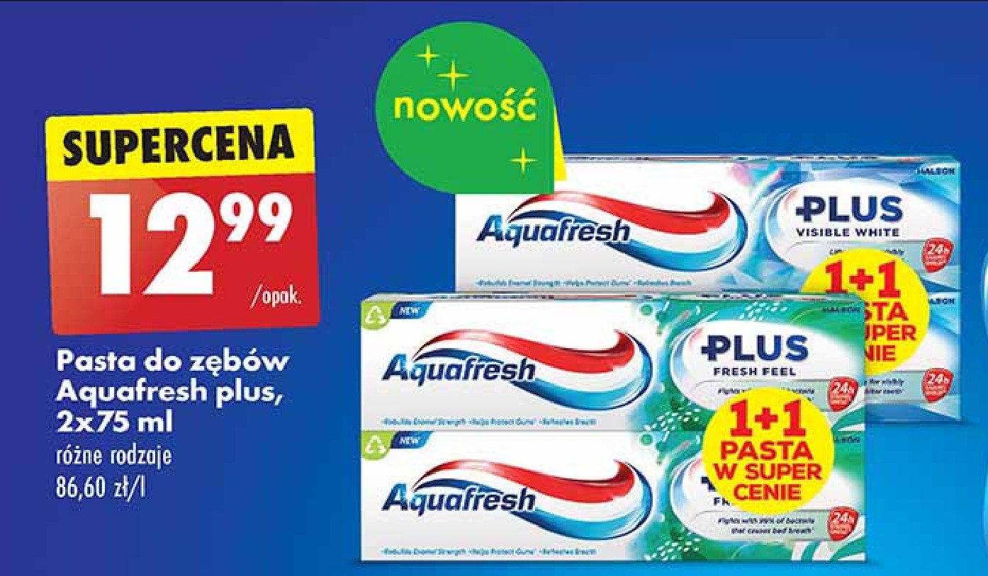 Pasta do zębów visible white Aquafresh plus promocja w Biedronka