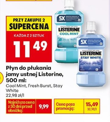 Płyn do płukania jamy ustnej Listerine, 500 ml Cool Mint, Fresh Burst, Stay White promocja w Biedronka