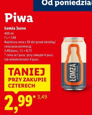Piwo Łomża Jasne 400 ml promocja w Lidl