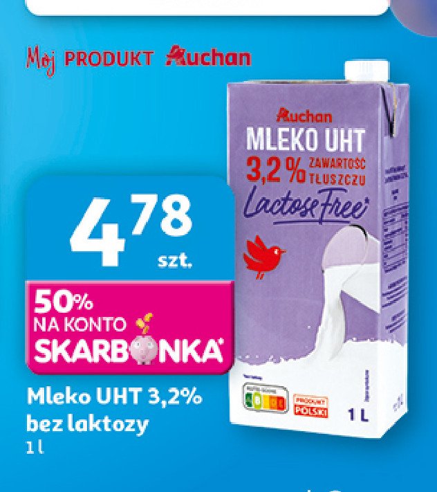 Mleko 3.2% bez laktozy Auchan różnorodne (logo czerwone) promocja w Auchan
