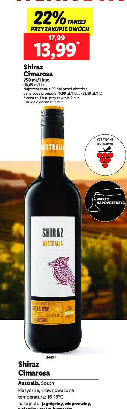 Wino CIMAROSA SHIRAZ AUSTRALIA promocja w Lidl