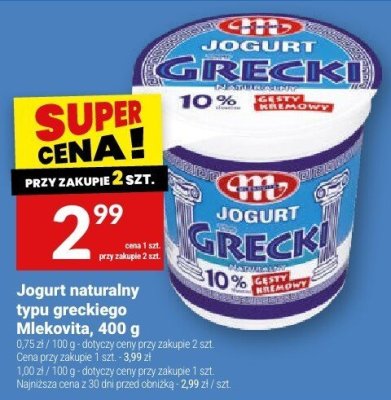 Jogurt naturalny typu greckiego Mlekovita, 400 g promocja w Twój Market
