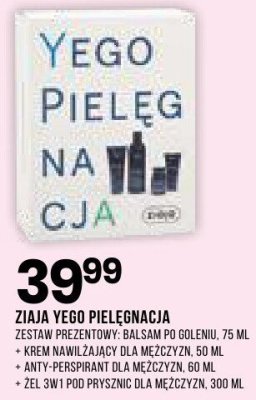Zestaw prezentowy Ziaja Yego pielęgnacja balsam po goleniu 75 ml + krem nawilżający do mężczyzn 50 ml + anti-perspirant dla mężczyzn 60 ml + żel 3w1 pod prysznic dla mężczyzn 300 ml promocja w Drogerie Natura
