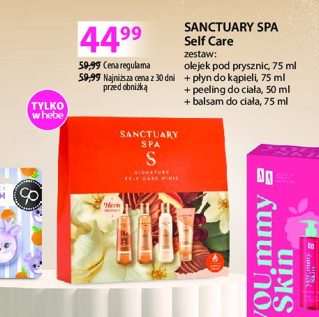 Zestaw w pudełku: olejek pod prysznic 75 ml + płyn do kąpieli 75 ml + balsam do ciała 75 ml + peeling do ciała 50 ml Sanctuary spa promocja w Hebe