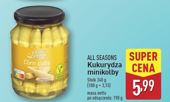 Kukurydza minikolby All seasons promocja w Aldi