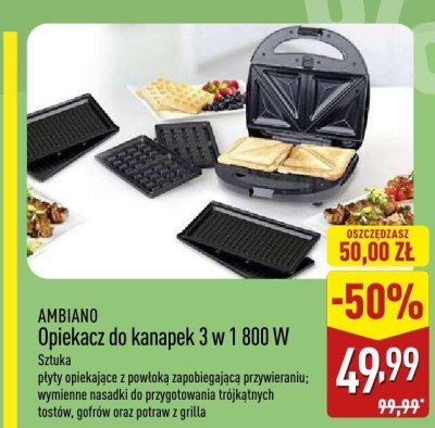Opiekacz do kanapek 3 w 1 AMBIANO 800 W - Sztuka płyty opiekające z powłoką zapobiegającą przywieniu; wymienne maski do przygotwania trojkatnych tostów, gofrów oraz potraw z grilla promocja w Aldi
