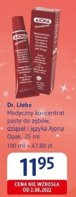 Pasta do zębów Dr. Liebe Medyczny koncentrat, działanie 1 i czułka Ajona promocja w Drogerie DM