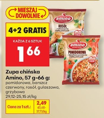 Zupa chińska Amino, 57 g-66 g: pomidorowa, z kurczakiem grzybowa, jabłuszowa, grzybow promocja w Biedronka