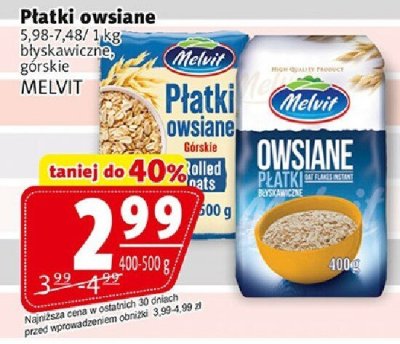 Płatki owsiane błyskawiczne, górskie MELVIT promocja w Prim Market