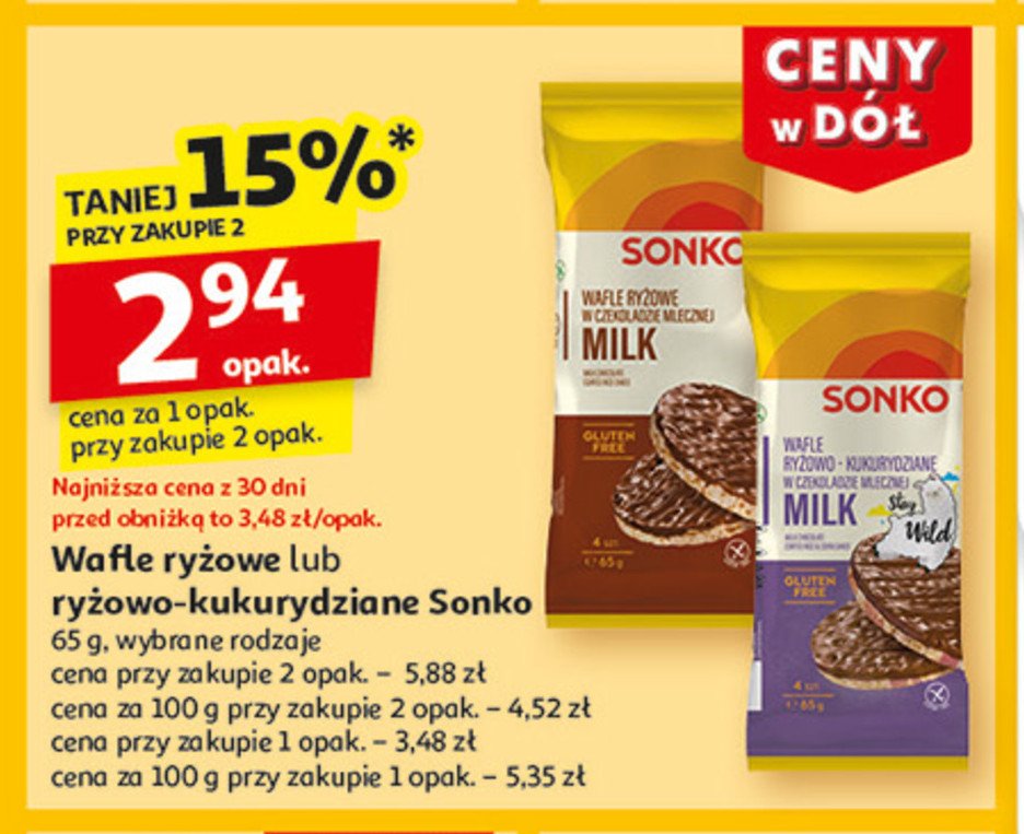 Wafle ryżowe w czekoladzie deserowej Sonko promocja w Auchan