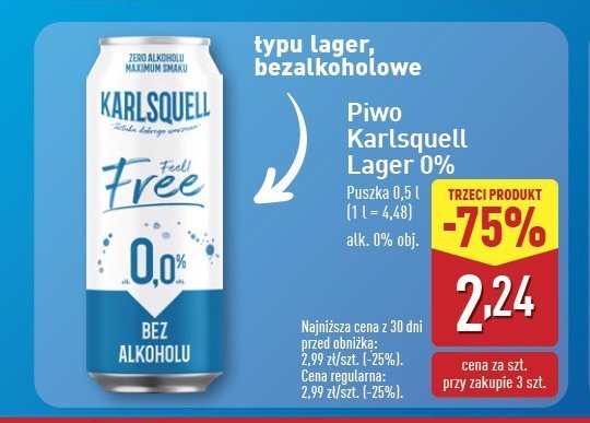 Piwo Karlsquell feel free promocja w Aldi
