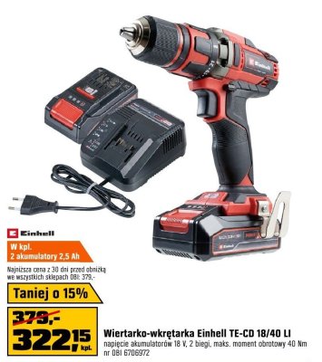 Wiertarko-wkrętarka Einhell TE-CD 18/40 LI napięcie akumulatorów 18 V, 2 biegi, maks. moment obrotowy 40 Nm w kpl. z akumulatorą 2,5 Ah promocja w OBI