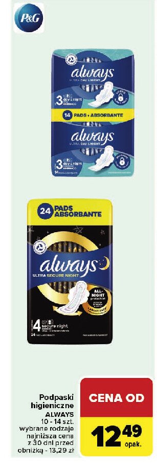 Podpaski secure night Always ultra promocja w Carrefour Market